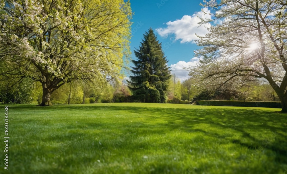Stunning Summer Landscape with Freshly Cut Lawn and Morning Light Fog: Panoramic Spring View Stunning Summer Landscape with Freshly Cut Lawn and Morning Light Fog: Panoramic Spring View