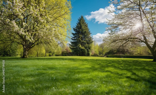 Stunning Summer Landscape with Freshly Cut Lawn and Morning Light Fog  Panoramic Spring View