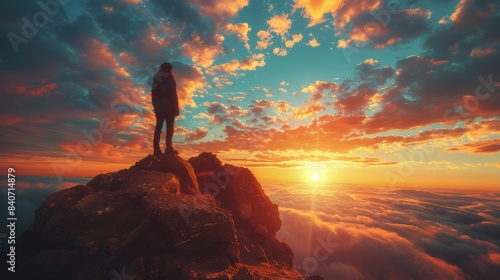 Solitary Figure Silhouetted Against Dramatic Sunset Over Mountaintop Clouds