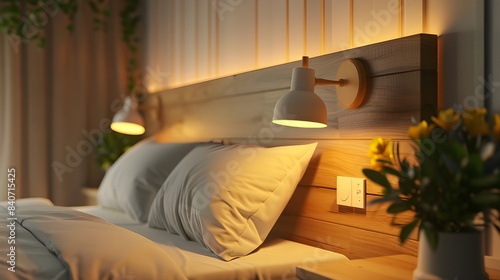 Wallpaper Mural Intimate bedroom interior with understated wall lamps and wooden bedside shelf. Cozy living concept. 3D Rendering Torontodigital.ca