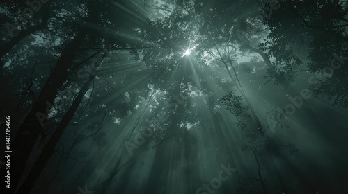 Sunbeams filtering through dense fog in forest