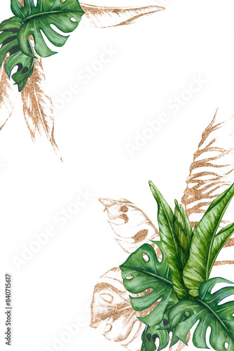 Rectangular frame made of tropical leaves with gold. Watercolor composition. Realistic botanical illustration. Design for invitations, posters, cards, greeting cards, stationery, fabric printing, etc.
