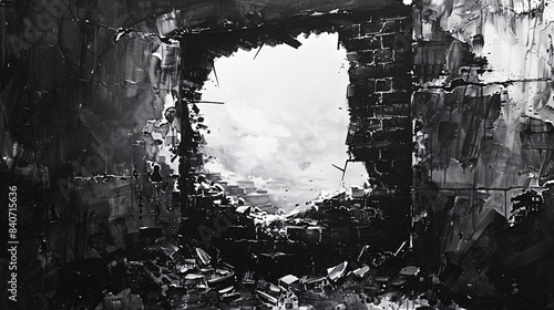 Sharp-Lined Painting of a Damaged Brick Wall Featuring a Significant Breach. Stark Depiction of a Brick Wall with a Gaping Hole Surrounded by Rubble