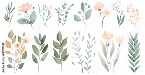 Set of hand drawn watercolor vector illustrations of leaves and flowers clip art  with a pastel color palette on a white background 