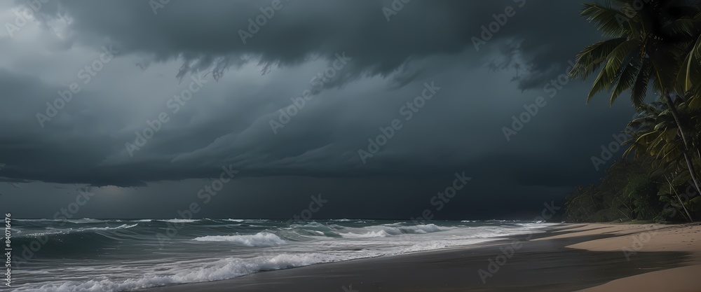 Tropical beach against the backdrop of a storm. Generative AI, Generative, AI Tropical beach against the backdrop of a storm. Generative AI, Generative, AI