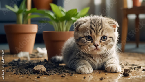 Kitten at home, flowerpot, earth curious