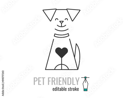 Pet Friendly line icon. pet care symbol. Dog Love Heart with cute smiling dog pictogram. Pets allowed public places sign. Vector graphics illustration EPS 10. Editable stroke. photo