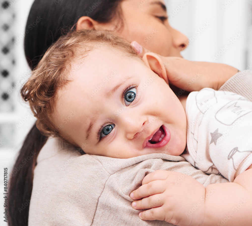 Love, hug and portrait of baby with mother in house with care, trust and comfort in nap routine. Family, safety and face of curious boy kid and mom at home for growth, learning and child bonding Love, hug and portrait of baby with mother in house with care, trust and comfort in nap routine. Family, safety and face of curious boy kid and mom at home for growth, learning and child bonding
