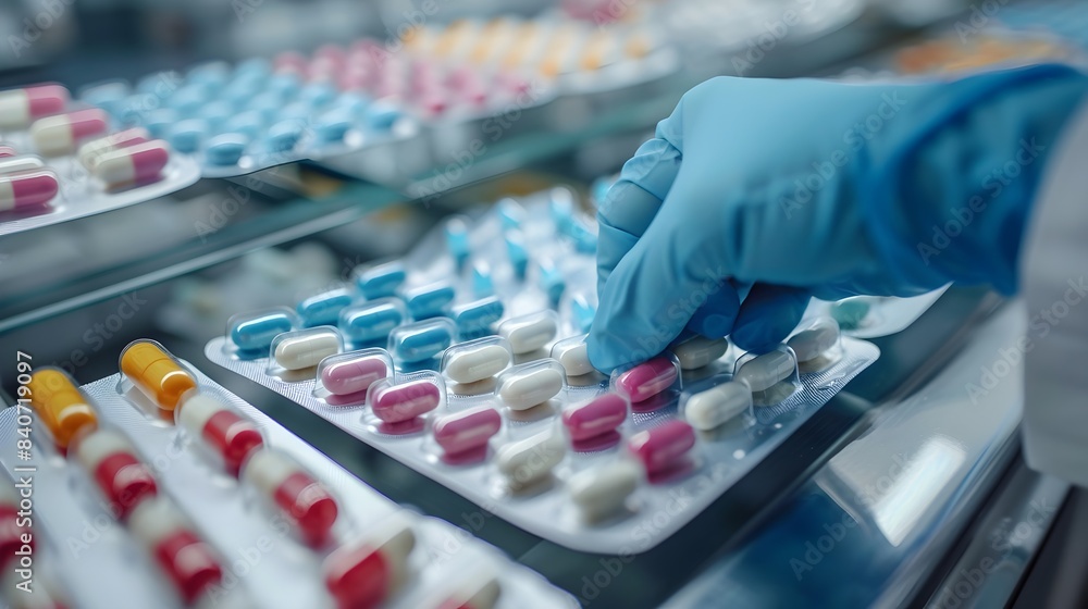 Close-Up of Gloved Hand Handling Pills in a Pharmacy Close-Up of Gloved Hand Handling Pills in a Pharmacy