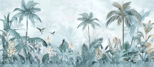 Illustration of tropical wallpaper print design with palm leaves, monstera leaves, birds and texture. Exotic plants and birds on textured background. AI generated illustration