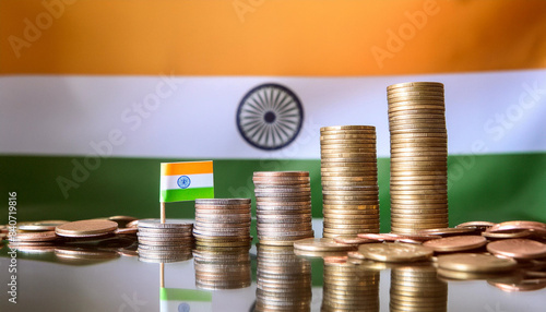 Stacked coins symbolizing financial growth, with India Flag