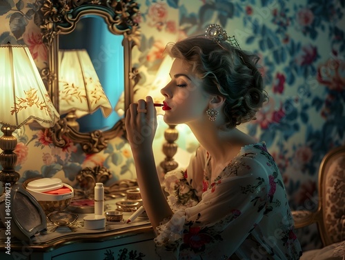 A Glamorous Woman at Her Vintage Vanity Dressing Table in a Candlelit Bedroom