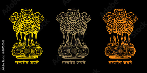 Ashok Piller Satyameva Jayate symbol icon set. Emblem of India. Ashok Stambh symbol in brown, golden and orange color isolated on black background. photo