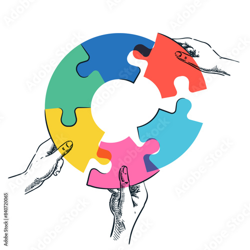 Human hands holding colorful pieces of circle puzzle. Vector hand drawn sketch illustration. Business team solving problem, joining connecting jigsaw. Teamwork, business solution, partnership concept