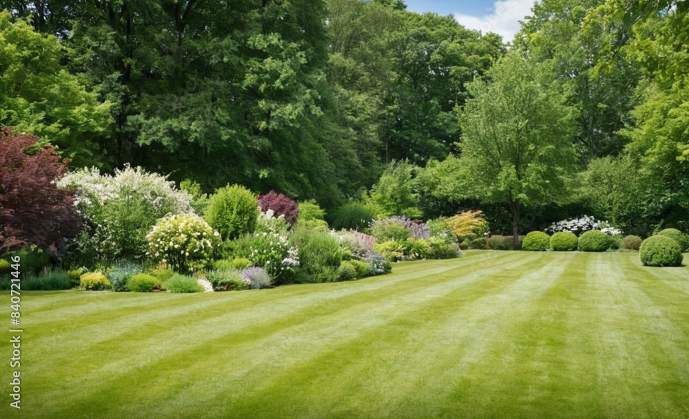 Fototapeta premium Beautiful Spring Nature Background with Trimmed Lawn, Trees, and Blue Sky on a Sunny Day