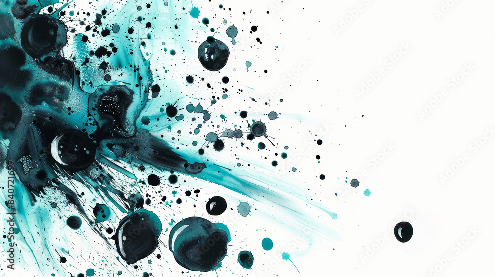 Abstract watercolor drops in turquoise and black on a white background, isolated with empty space for text Abstract watercolor drops in turquoise and black on a white background, isolated with empty space for text