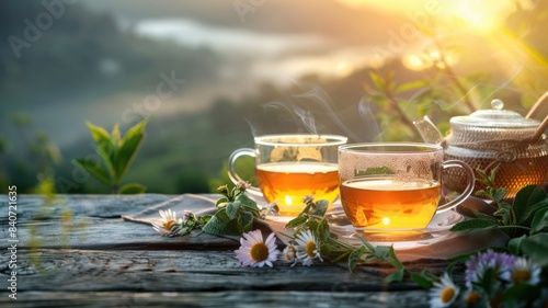 selecting and brewing herbal teas that promote relaxation and sleep, set against the backdrop of a tranquil evening