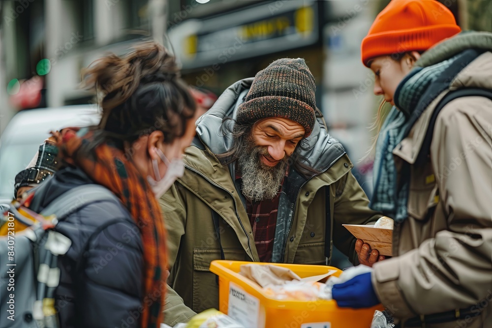 Volunteers Giving Food to Homeless Man in Winter
