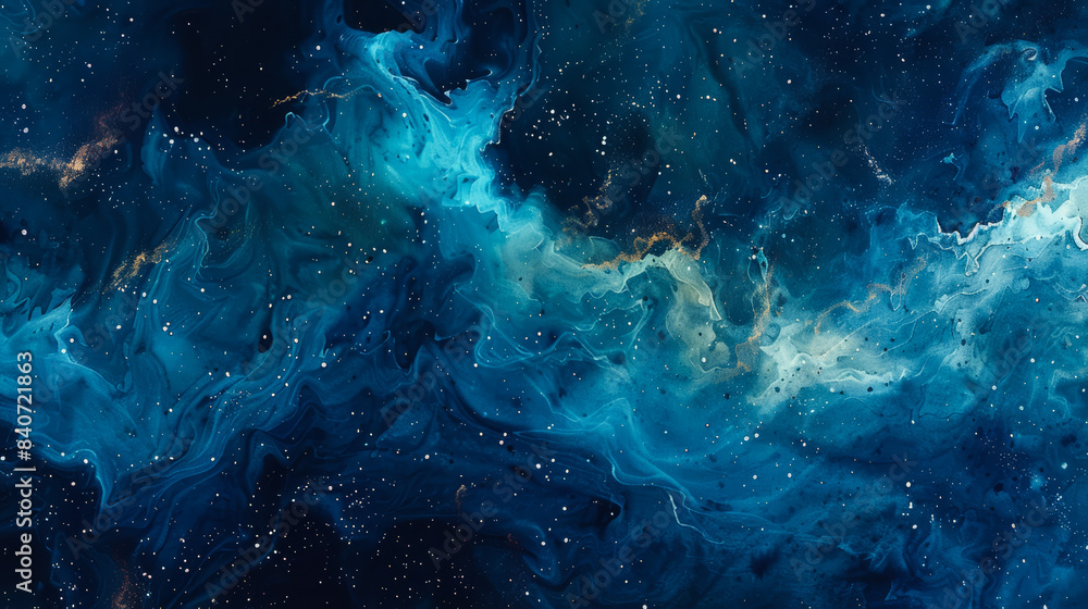 Obraz premium Abstract watercolor space with deep blue and emerald gradients, shining stars, flowing nebula shapes, isolated on a gradient background, ample text space