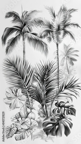 Seamless Border Hand Drawn Black and White Lithography Illustration Retro Style Design. Tropical wallapaper. AI generated illustration