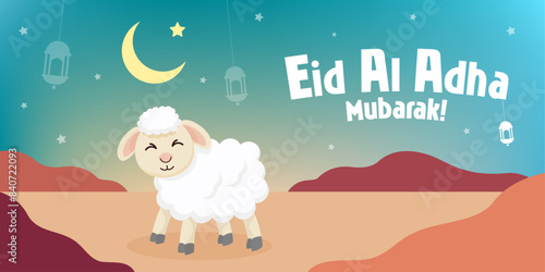 Eid Al Adha Mubarak Greeting landscape Banner with a cute sheep, crescent moon, stars, and lamp with a desert background. Eid Mubarak Banner.  Vector Illustration. Design template for Muslim Holiday.