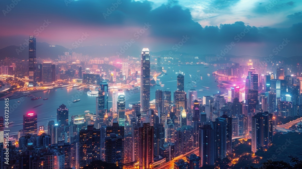 Aerial View of Hong Kong Skyline at Dusk With Vibrant Lights Aerial View of Hong Kong Skyline at Dusk With Vibrant Lights