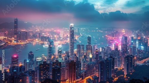 Aerial View of Hong Kong Skyline at Dusk With Vibrant Lights
