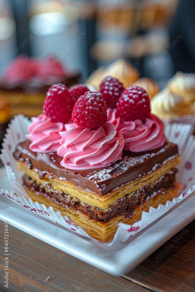 Fresh Raspberry and Chocolate Layered Dessert on White Paper Fresh Raspberry and Chocolate Layered Dessert on White Paper