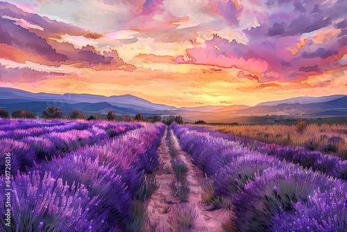Artistic rendering of a beautiful sunset over a field of lavender