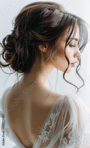 Portrait of a Woman With Long Brown Hair in an Elegant White Dress
