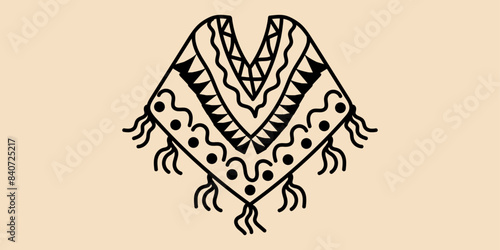 Doodle Mexican Poncho with decor ethnic ornament editable stroke. Vector hand drawn illustration in black, beige colors. Isolated on beige background. Latin American culture. One from collection	