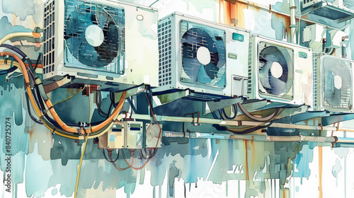 Closeup of an overloaded power strip connected to multiple air conditioning units, illustrating high electricity consumption, watercolor illustration  photo