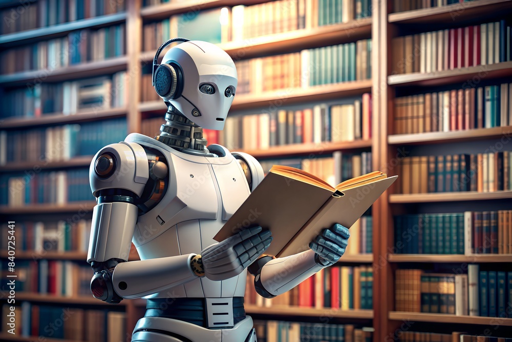 White humanoid robot reading a book in library. Smart robot. Futuristic concept. Ai generated White humanoid robot reading a book in library. Smart robot. Futuristic concept. Ai generated