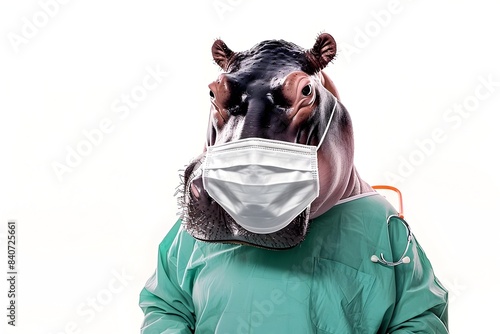 A Photograph of a Hippopotamus Wearing Nurse s Scrubs and a Medical Mask Isolated on a White Background photo