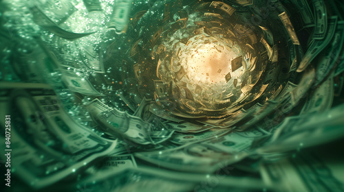 Abstract swirling tunnel of dollar bills, representing economics, finance, and investment concepts with a futuristic touch.