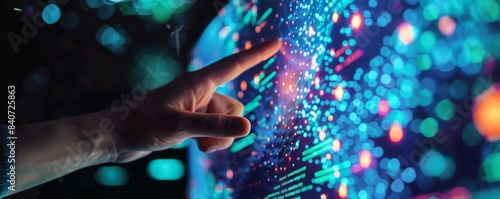 Modern business analytics and AI technology highlighted by glowing digital data points and network connections.
