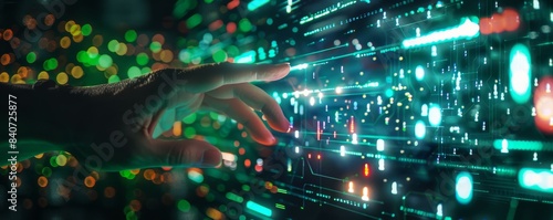 AI technology and big data analytics in business represented by digital data points and network connections with neon green accents, highlighting modern business challenges and the future of advertisi photo