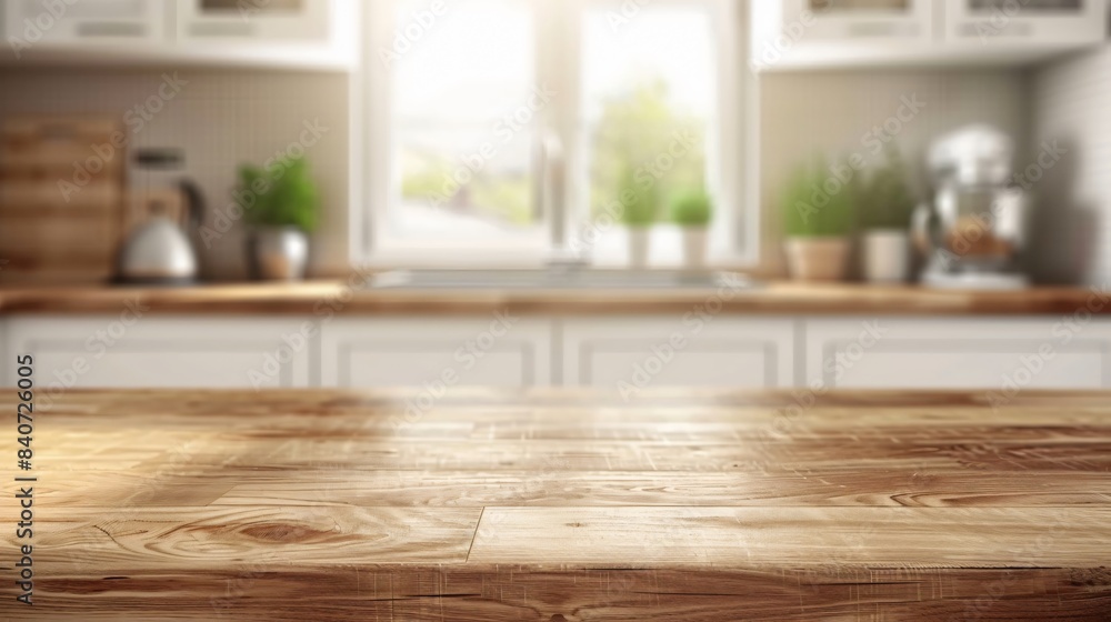 Wood Tabletop in Kitchen Interior with Blurred Bokeh Modern Background Wood Tabletop in Kitchen Interior with Blurred Bokeh Modern Background
