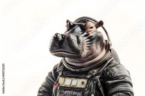 Hippo Astronaut Floating in Space with Helmet and Suit on White Background © Ratchadaporn