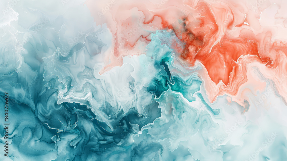 Fluid abstract watercolor in shades of teal and coral on a white background, medium shot with soft gradients 