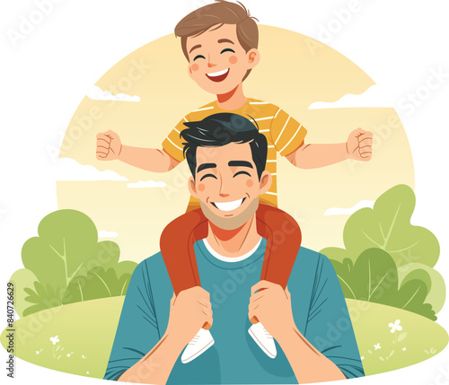 Happy father-s day. The daughter is sitting on the father's shoulders in flat style. Vector illustration