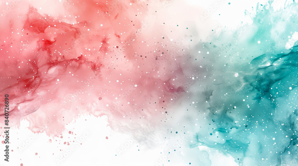 Gradient watercolor space with pastel pink and turquoise, abstract swirling galaxies, stars twinkling throughout, soft transition between colors, white background for text 
