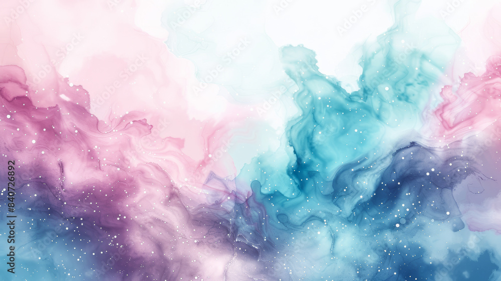 Gradient watercolor space with pastel pink and turquoise, abstract swirling galaxies, stars twinkling throughout, soft transition between colors, white background for text Gradient watercolor space with pastel pink and turquoise, abstract swirling galaxies, stars twinkling throughout, soft transition between colors, white background for text