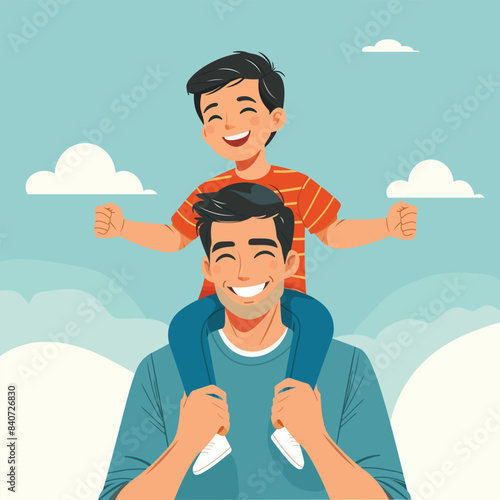 Happy father-s day. The daughter is sitting on the father's shoulders in flat style. Vector illustration