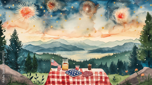 Independence Day picnic watercolor with USA flag details and fireworks in the sky 