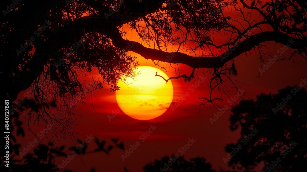 full red sun at the sunset seen through the branches of a tree full red sun at the sunset seen through the branches of a tree