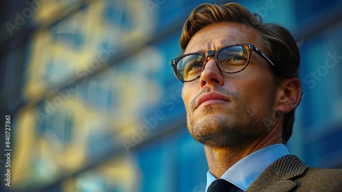Young Businessman Looking Upwards in Urban Setting During Daytime