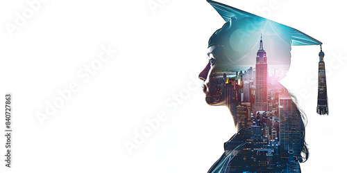 A double exposure image of a student in a graduation cap combined with a city skyline, symbolizing education and urban opportunities, banner with copy space