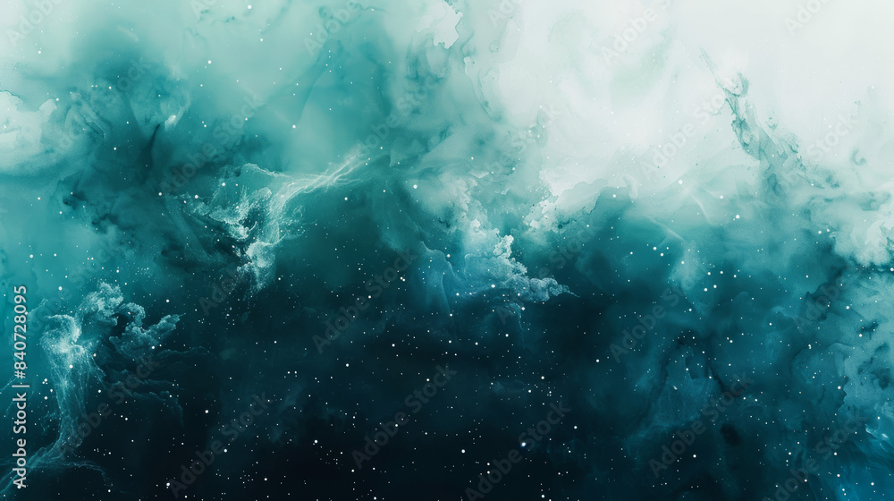 Mystical watercolor space, dark teal and violet gradients, glowing star clusters, abstract nebula, white background for text placement Mystical watercolor space, dark teal and violet gradients, glowing star clusters, abstract nebula, white background for text placement