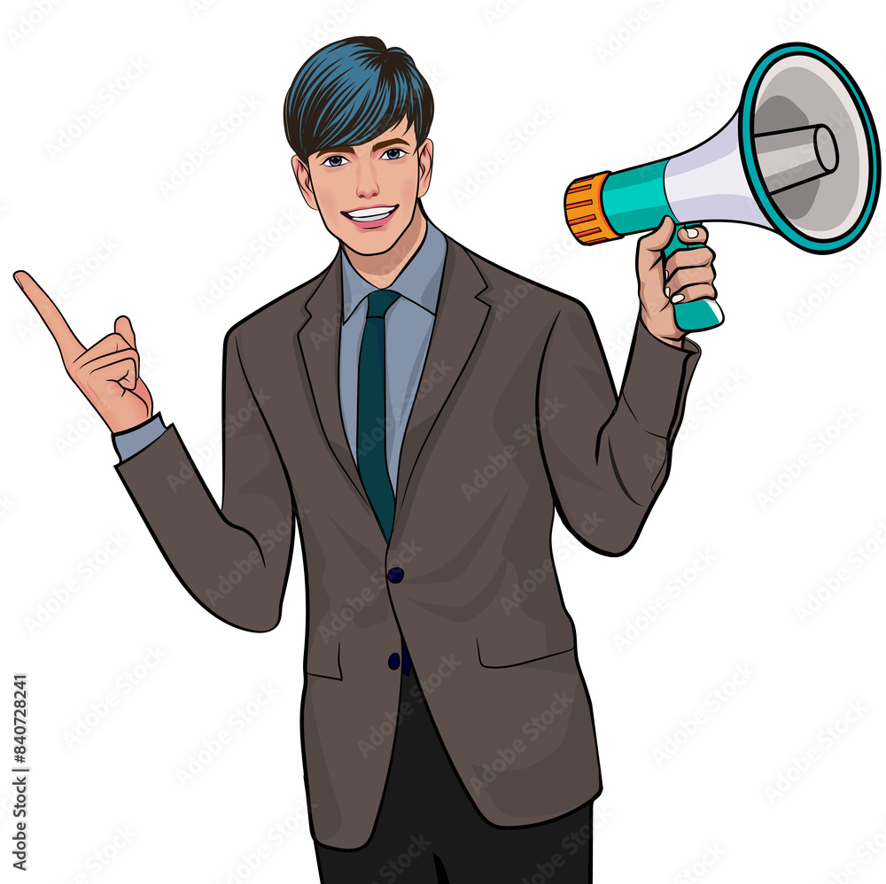 Business man screaming announce with megaphone In Retro Vintage Pop Art Comic Style